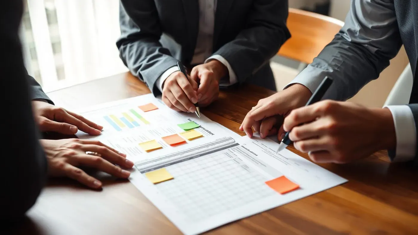 Mãos de executivos colaborando em questionário de sustentabilidade impresso, com post-its e canetas.