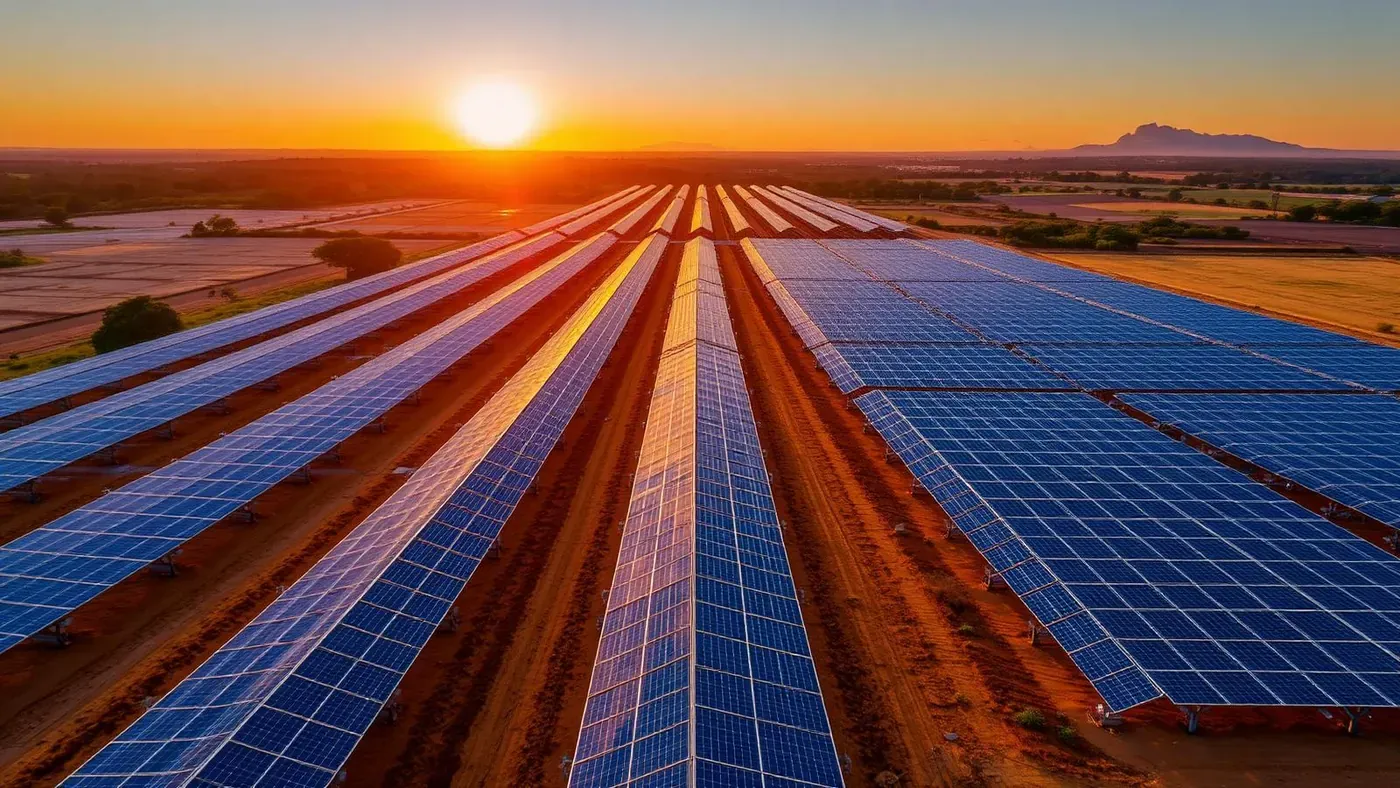 Vista aérea de um grande parque solar no campo brasileiro ao pôr do sol.