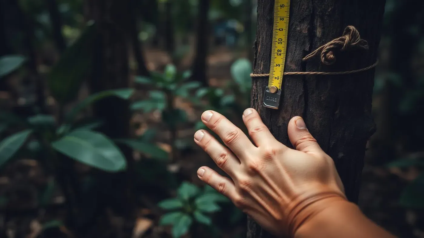 Mãos medindo o tronco de uma árvore com fita métrica e plaqueta de identificação na floresta tropical.
