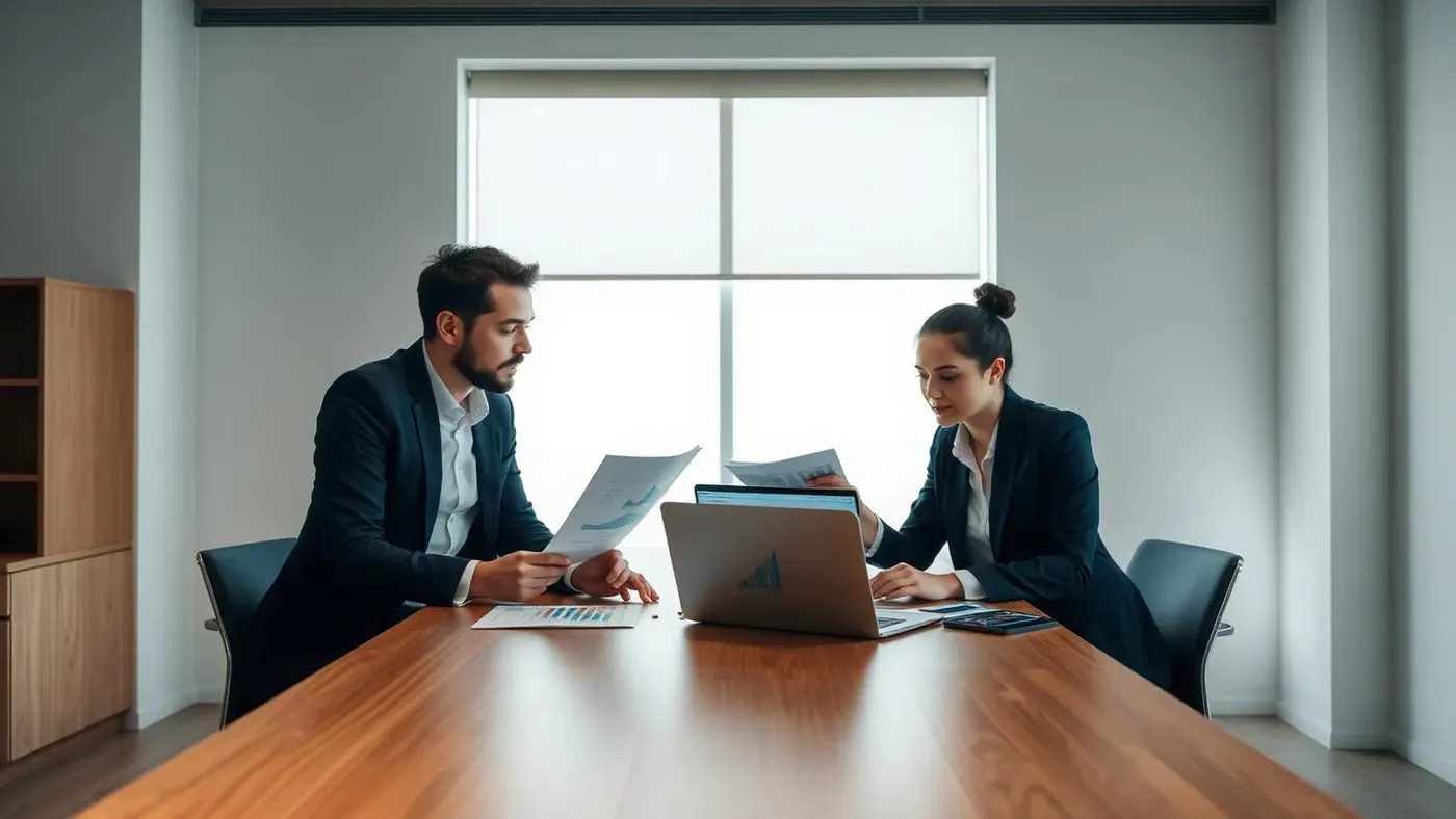 Dois executivos analisando relatórios e gráficos em uma sala de reunião minimalista.