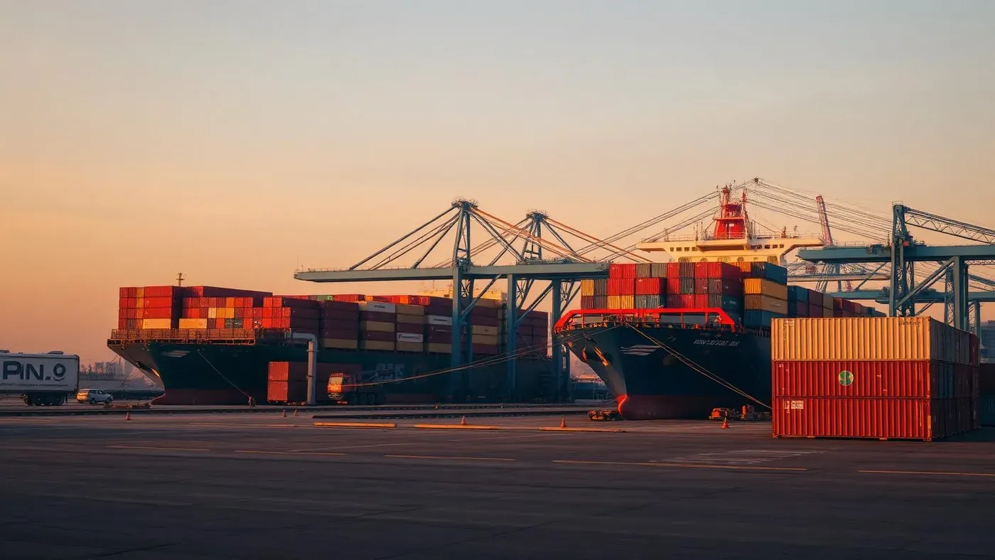Porto brasileiro ao amanhecer com containers empilhados e navio cargueiro atracado.