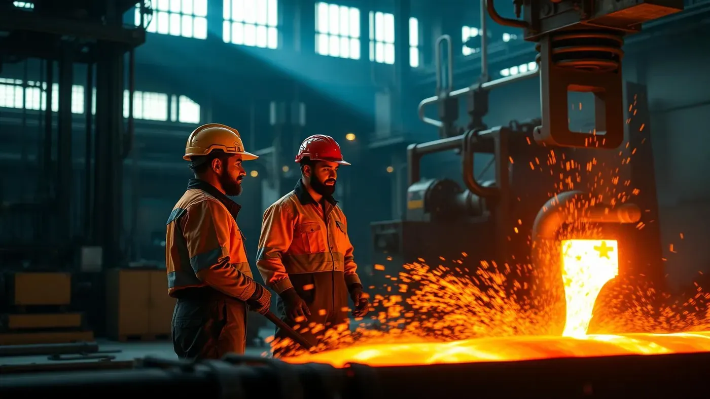 Trabalhadores siderúrgicos com capacete inspecionando o vazamento de metal incandescente em uma usina.