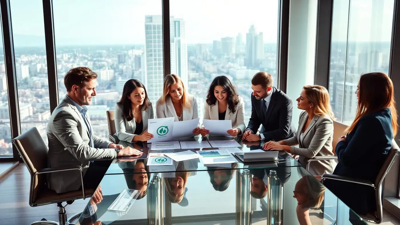Equipe diversa de executivos brasileiros e europeus revisando documentos de sustentabilidade em sala de reunião.
