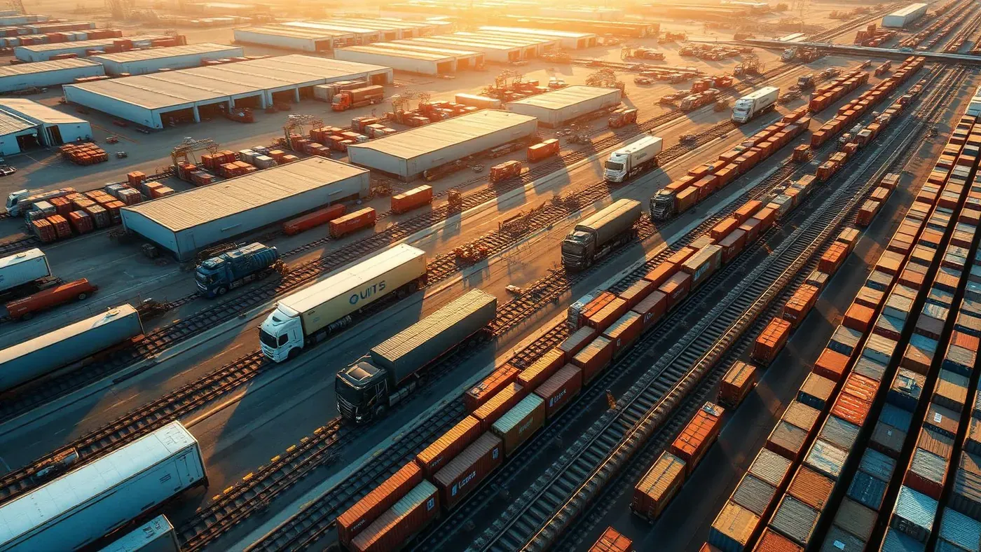 Vista aérea de um hub logístico com caminhões, vagões e containers organizados ao pôr do sol.