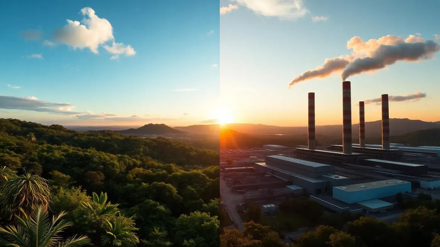 Cena dividida: floresta preservada à esquerda, parque industrial com chaminés à direita, ao pôr do sol.
