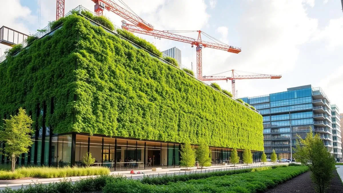 Edifício moderno sustentável com parede verde e guindastes de construção