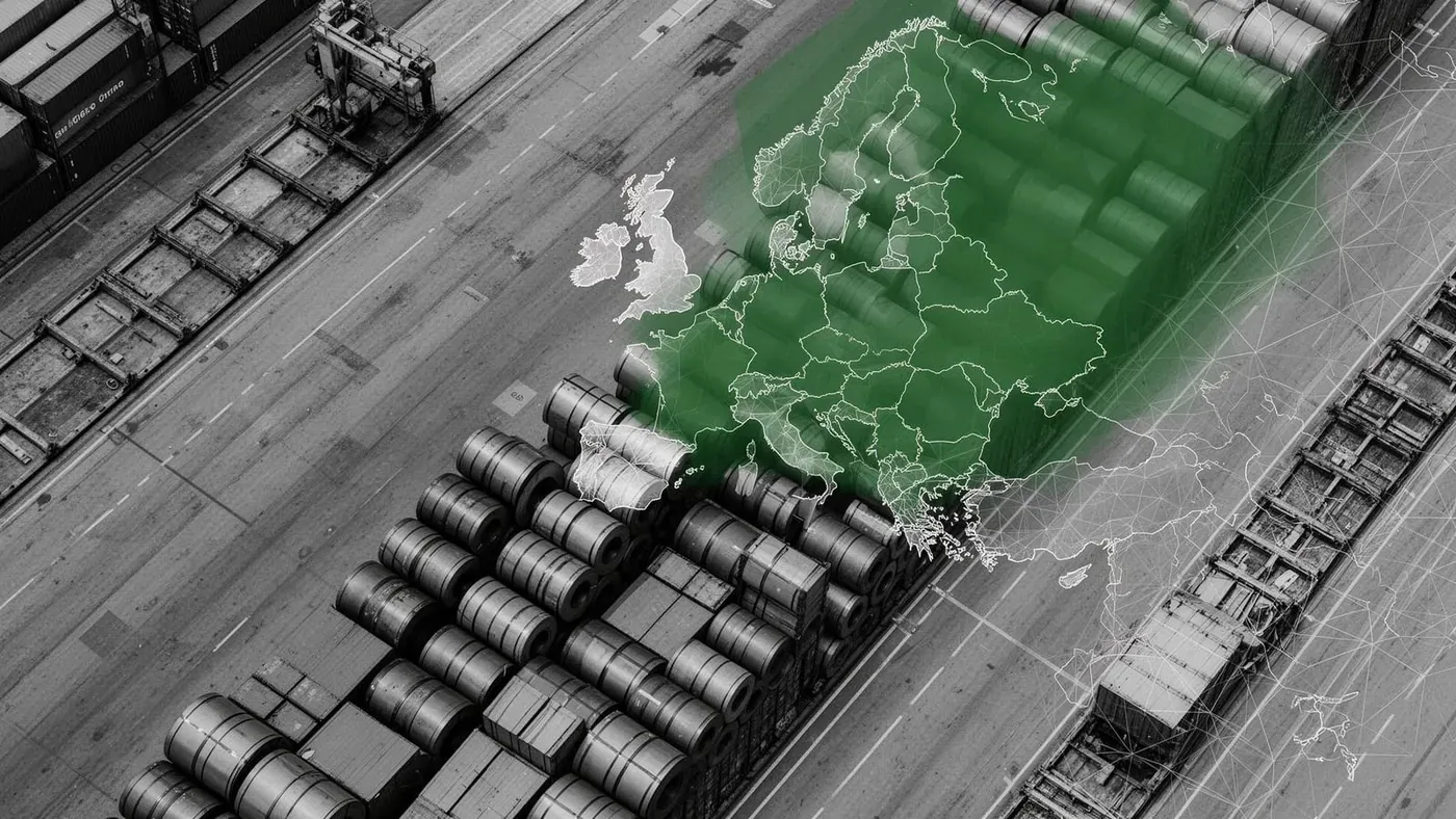 Vista aérea de carga industrial em porto, com mapa europeu sobreposto representando o impacto regulatório do CBAM e CSRD.