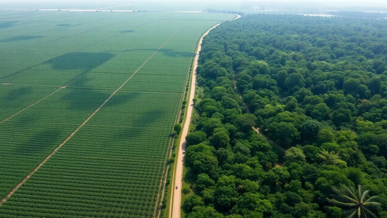Vista aérea de plantação de soja ao lado de floresta preservada, contraste agricultura e conservação