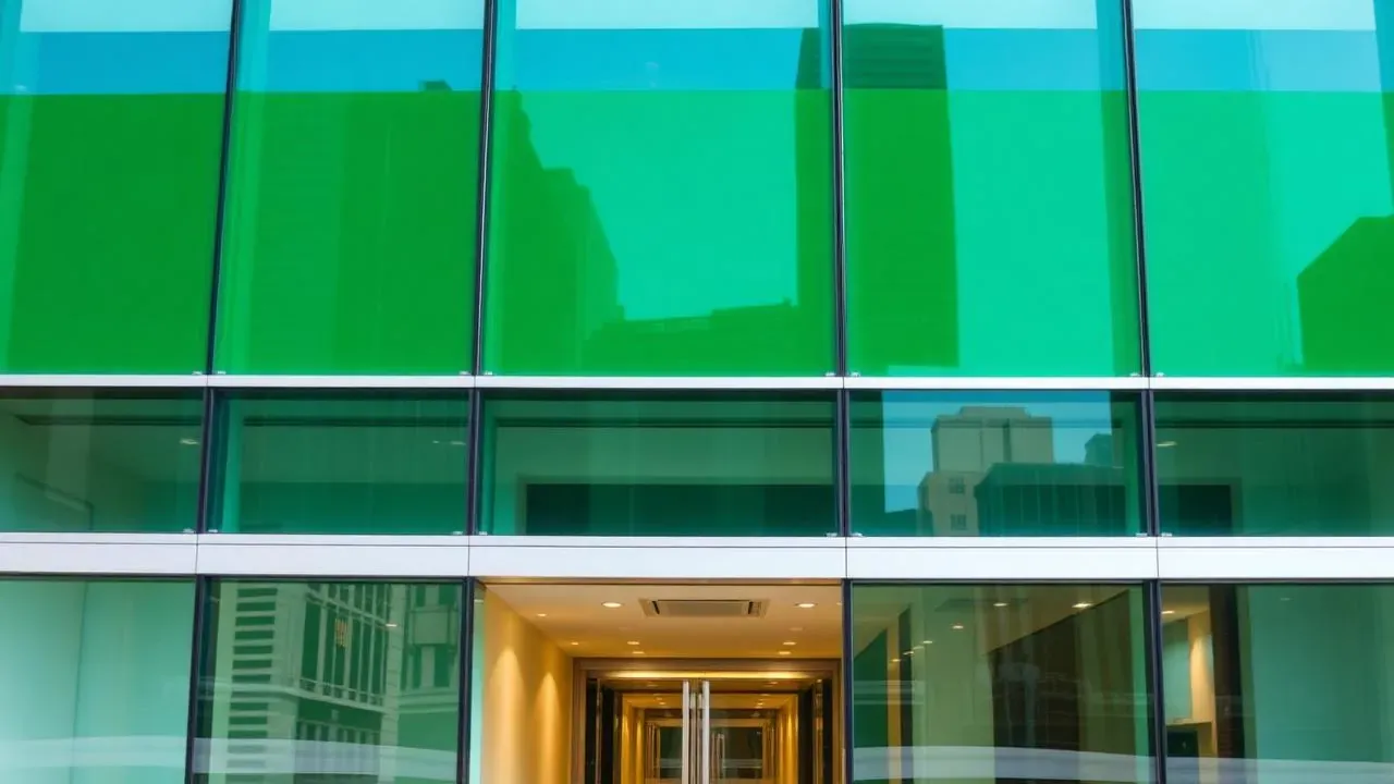 Fachada de edifício bancário com vidros verdes representando finanças sustentáveis