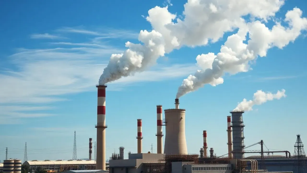 Complexo industrial com chaminés representando emissões de carbono reguladas pelo SBCE