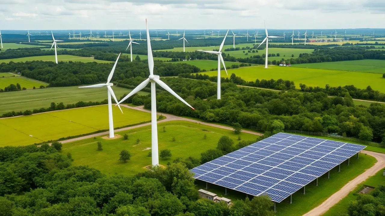 Turbinas eólicas e painéis solares em paisagem rural, referência à geração de energia e ao escopo 2.