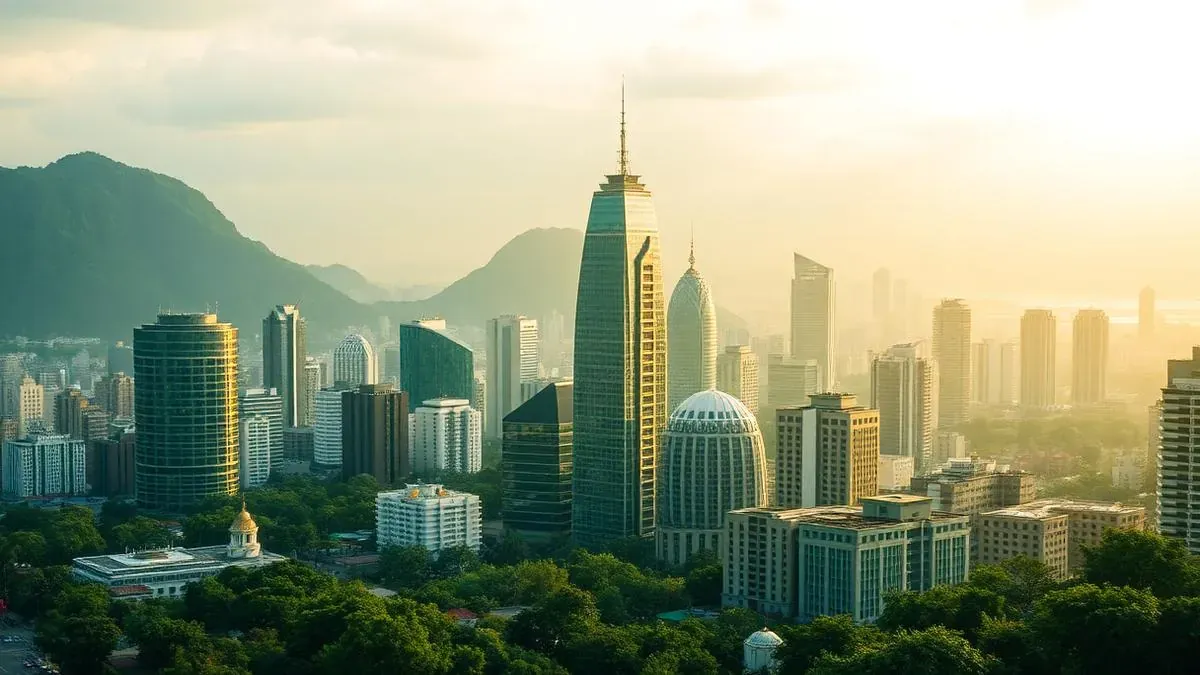 Skyline de cidade brasileira com vegetação tropical e conceito de finanças sustentáveis
