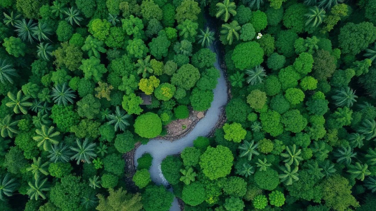 Vista aérea de floresta tropical com rio sinuoso representando biodiversidade e natureza
