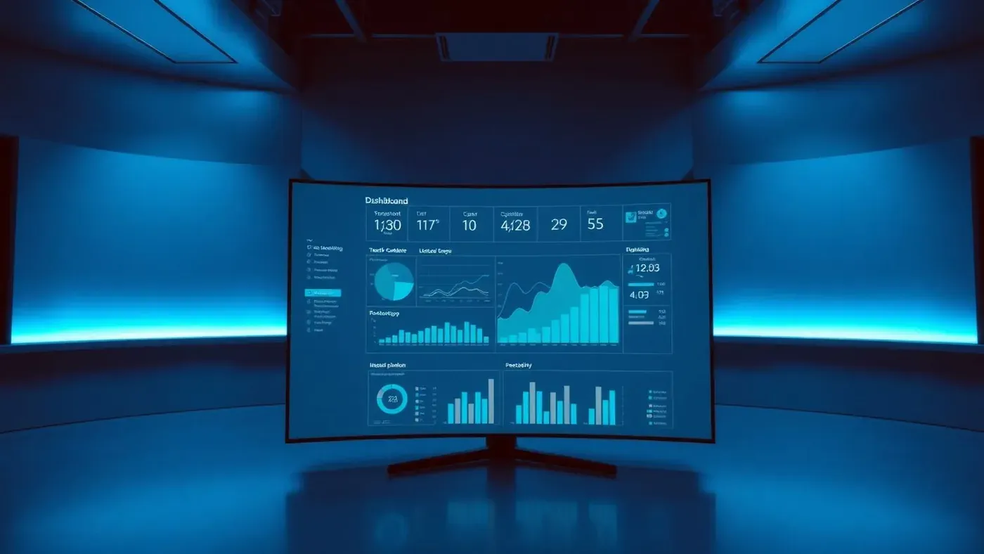 Tela curva grande exibindo um dashboard minimalista de sustentabilidade em sala de operações com luz azul.