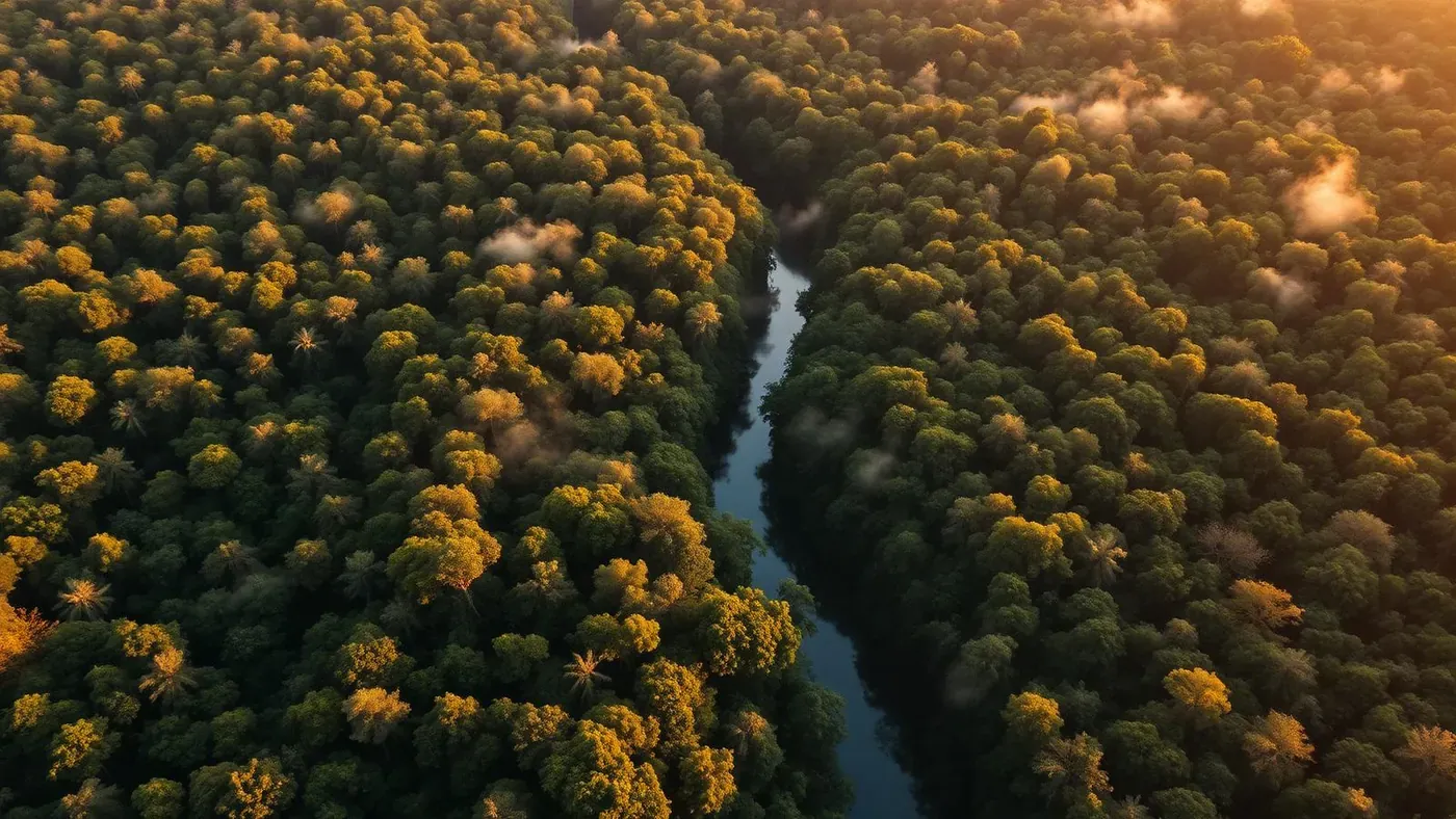 Vista aérea da floresta amazônica preservada ao amanhecer, com rio sinuoso atravessando o dossel verde.