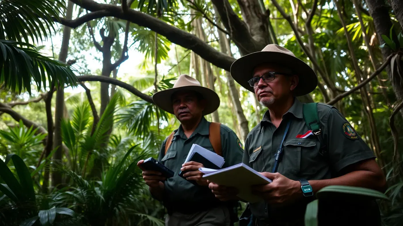 Equipe de monitoramento florestal e comunidade local em campo na Amazônia, com GPS e cadernetas.