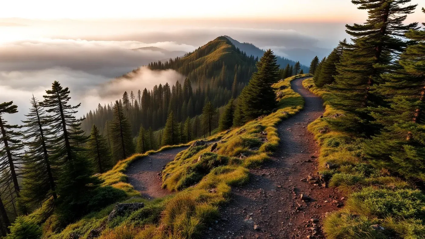 Trilha de montanha sinuosa subindo pela Mata Atlântica ao amanhecer, com neblina suave no vale.